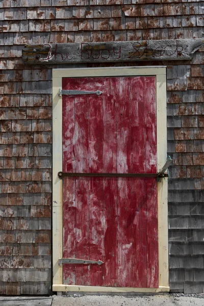 Closed Red Door Fishing Shed Harbor Peggy Cove Nova Scotia — Stock Photo, Image