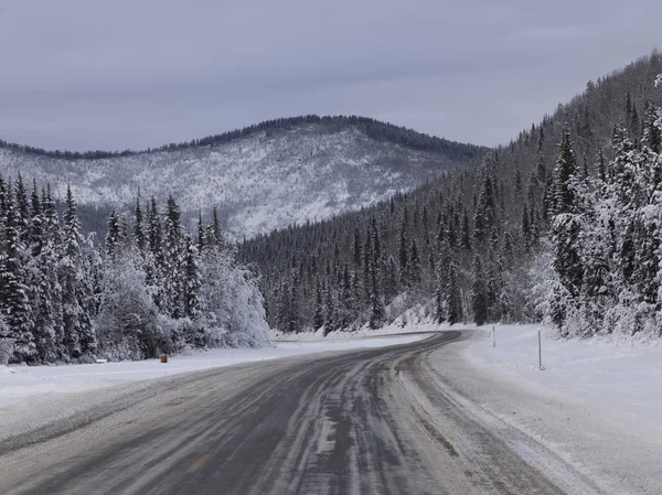 Highway passing through snow covered forest, Alaska Highway, Northern Rockies Regional Municipality, British Columbia, Canada