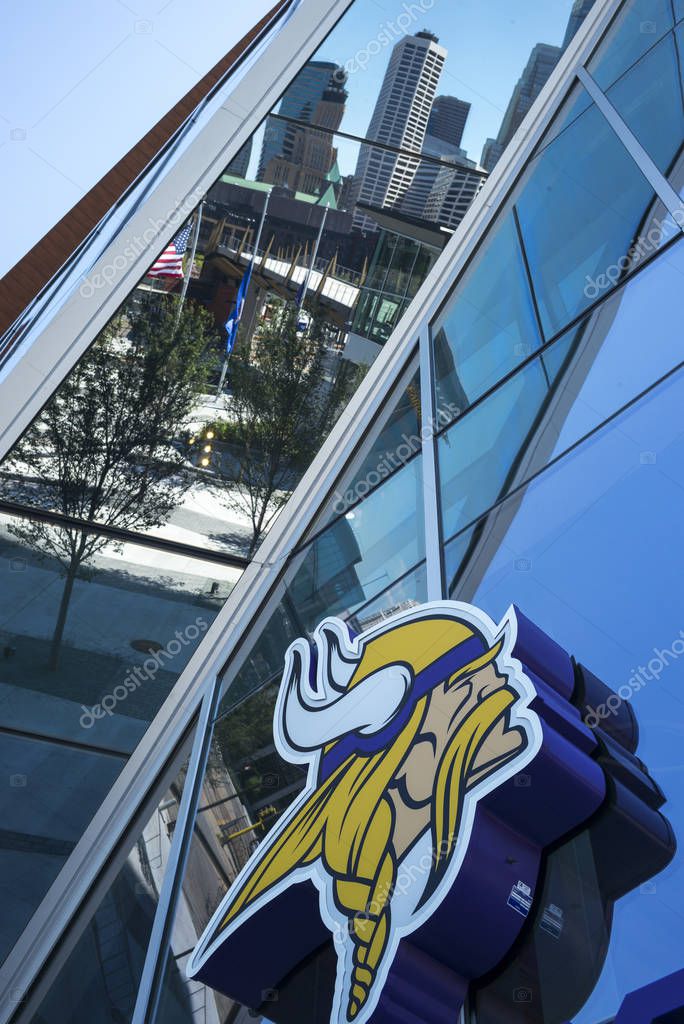 Minnesota Vikings logo on the U.S. Bank Stadium, Minneapolis, Hennepin County, Minnesota, USA