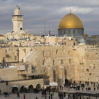 People at the Wailing Wall with dome of the rock in background, Old City, Jerusalem, Israel clipart