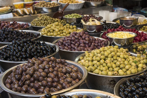 Variedad Aceitunas Venta Mercado Carmel Market Tel Aviv Israel — Foto de Stock