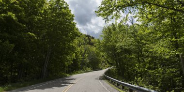 Boş yol ortasında ağaçlar orman, çok iyi Bay, Cape Breton Highlands Milli Parkı'nda, Cape Breton Adası, Nova Scotia, Kanada