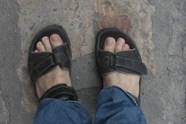 Top View Sandals Man Feet San Miguel Allende Guanajuato Mexico — Stock Photo, Image