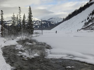 Kış, Lake Louise, Banff National Park, Alberta, Kanada kar kaplı vadide akan dere
