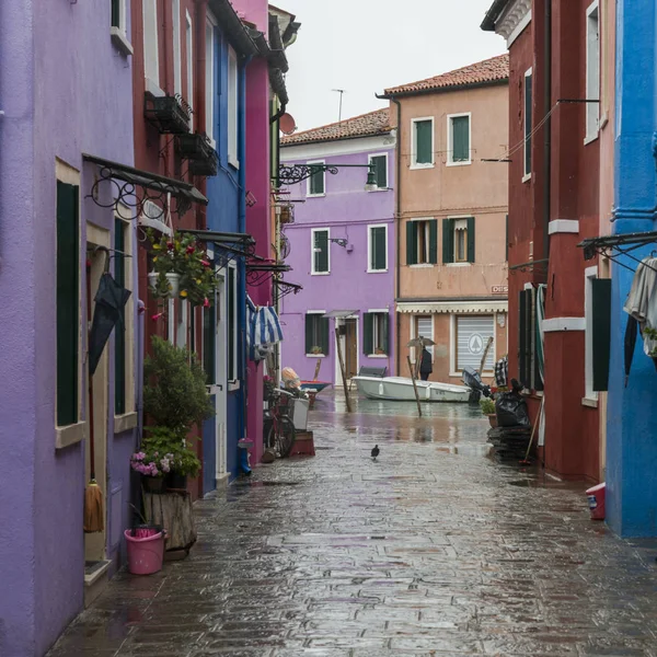 View Houses Wet Street Burano Venice Veneto Italy — Stock Photo, Image