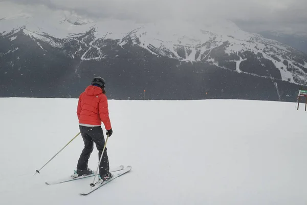 雪覆盖的风景的妇女滑雪 惠斯勒 不列颠哥伦比亚省 加拿大 — 图库照片