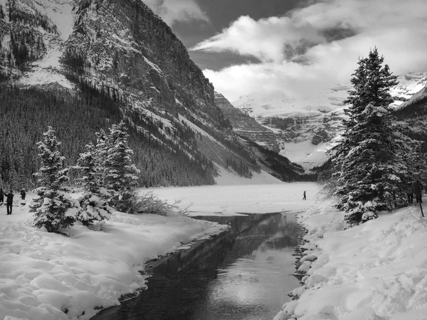 Corriente Que Fluye Valle Cubierto Nieve Invierno Lago Louise Parque — Foto de Stock