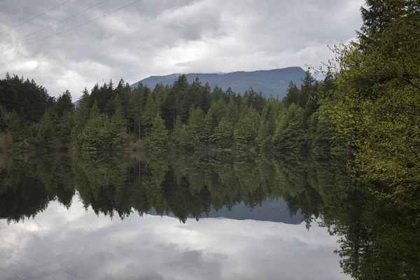 Reflektion Träd Lugn Sjö Mot Molnig Himmel Västra Vancouver British — Stockfoto