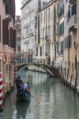 Arkadan görünüş kişinin kürek gondol kanal, Castello, Venedik, Veneto, İtalya