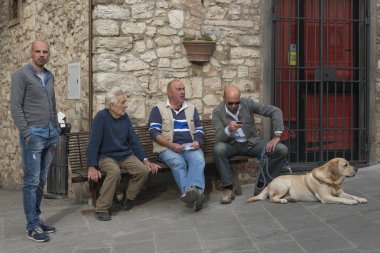 Bina, Radda in Chianti, Toskana, İtalya tarafından sokakta köpekle bankta oturan adam