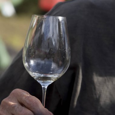 Boş bir şarap cam, Taktsang iz, Paro Valley,: Paro, Bhutan tutan el