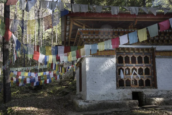 Flagi Modlitewne Stupa Taktsang Klasztor Paro Paro District Dolina Paro — Zdjęcie stockowe