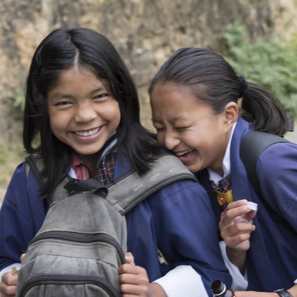 Two Schoolgirls Having Fun Punakha Bhutan — Stock Photo, Image