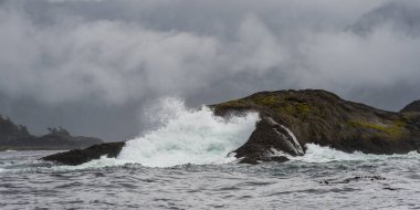 Dalgalar sahilde, kırma Skeena-Kraliçe Charlotte bölge bölge, Haida Gwaii, Graham Adası, British Columbia, Kanada