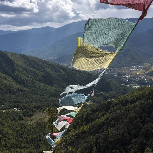 Närbild Bön Flaggor Taktsang Kloster Paro Paro District Paro Valley — Stockfoto