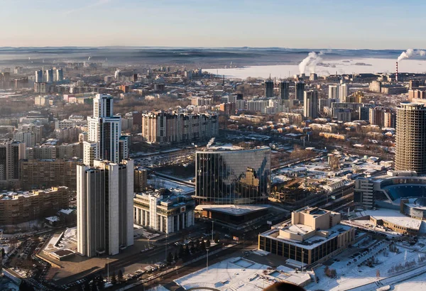 Aerial view of the Russian city Yekaterinburg in winter in gray and brown tone