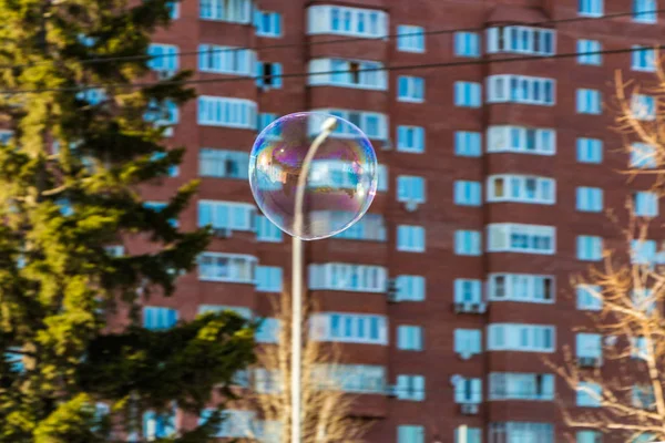 Una gran burbuja de jabón arco iris está en el poste de la lámpara — Foto de Stock