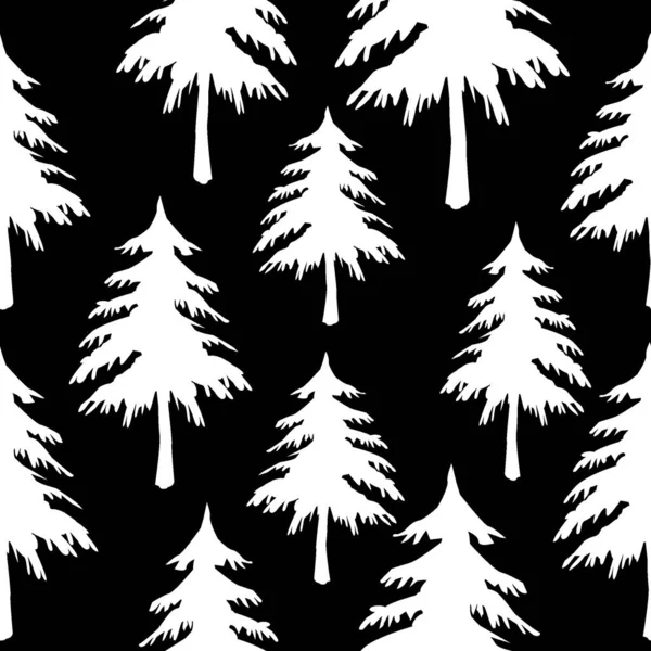 En sömlös mönster konsistens av vita snidade julgran träd på en svart bakgrund — Stockfoto