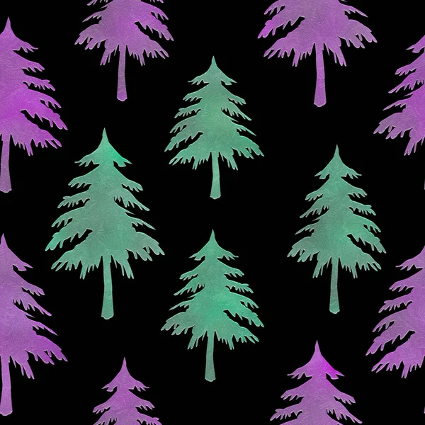 Una texture modello senza soluzione di continuità di colore rosa e verde scolpito abeti di Natale su uno sfondo nero — Foto Stock