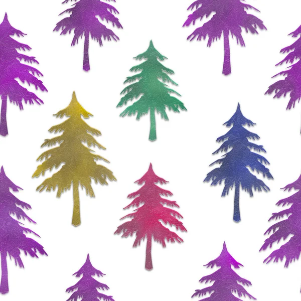 Naadloze patroon textuur van kleur roze en groen, geel, rood, blauw gesneden kerst spar bomen geïsoleerd op een witte achtergrond — Stockfoto