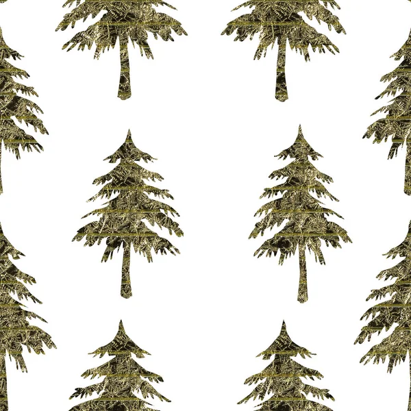 Naadloze patroon textuur van kleur geel gesneden kerst spar bomen geïsoleerd op een witte achtergrond — Stockfoto