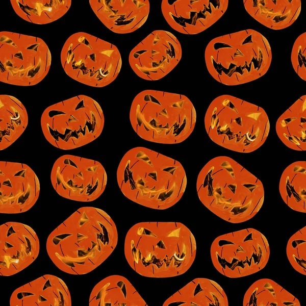 Seamless pattern texture of beautiful bright watercolor orange and yellow pumpkins for holiday halloween isolated on a black background — Stock Photo, Image