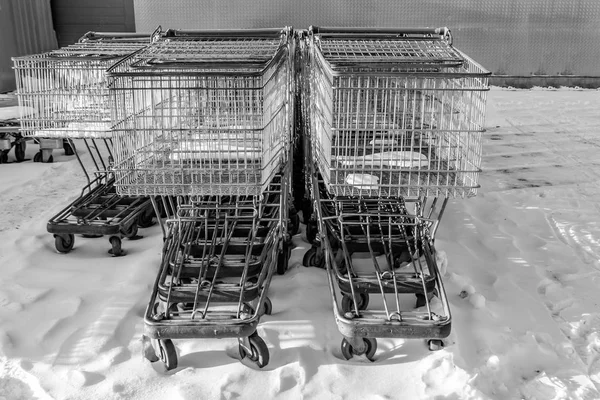 Büyük bir grup gri metal alışveriş sepetleri kışın süpermarketin oradaki karda.