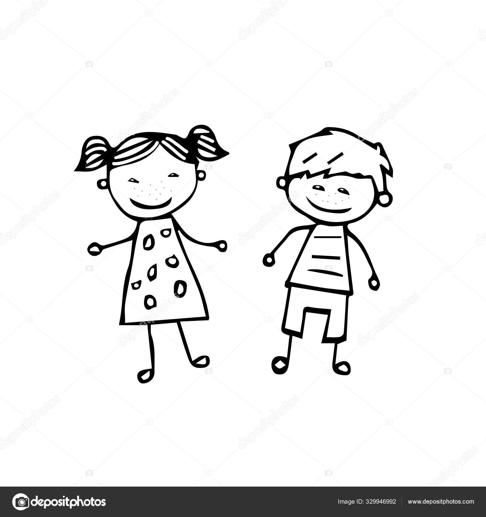 Schöne handgezeichnete Vektor-Illustration eines Kinderpaares, eines Jungen  und eines Mädchens, isoliert auf weißem Hintergrund für Malbuch  Stock-Vektorgrafik von ©qklatan 329946992