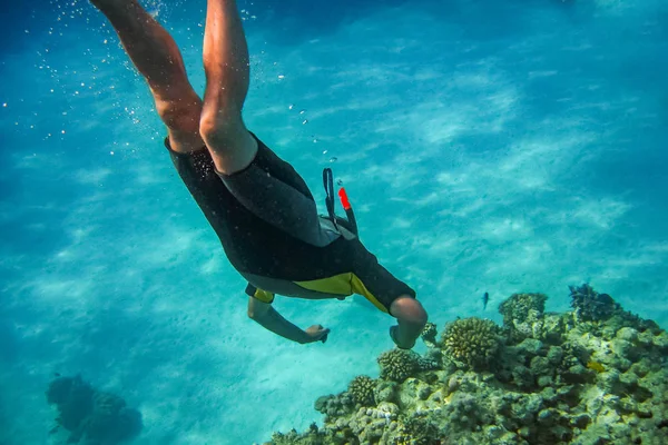 Underwater photo of a young man diving in a swimsuit and mask snorkel