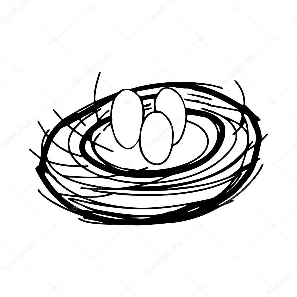 Hand drawing black vector Illustration of a bird nest with a group of three eggs isolated on a white background
