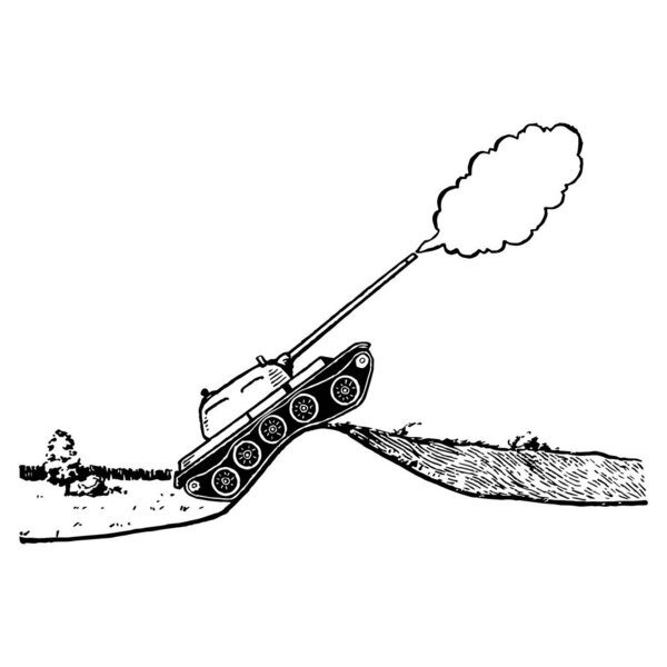 Black hand-drawn Vector illustration of a panzer shoots with smoke isolated on a white background