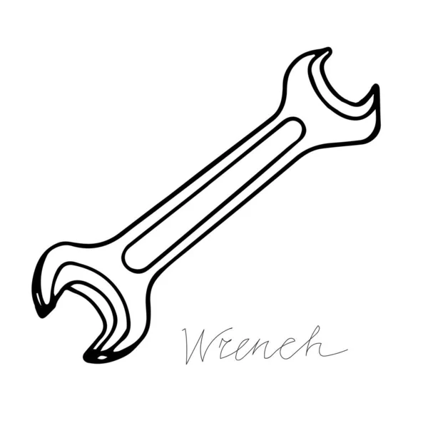 Handtekening zwarte vector illustratie van metalen slotenmaker gereedschap geïsoleerd op een witte achtergrond met belettering moersleutel — Stockvector