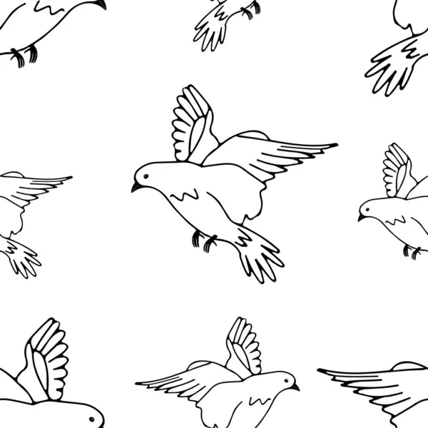 Hand-drawn black vector seamless pattern illustration of group of pigeons are flying on a white background — Stock Vector