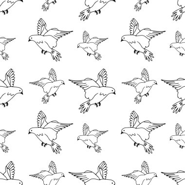 Beyaz bir arka planda el çizimi siyah bir güvercin deseni çizimi uçuyor.