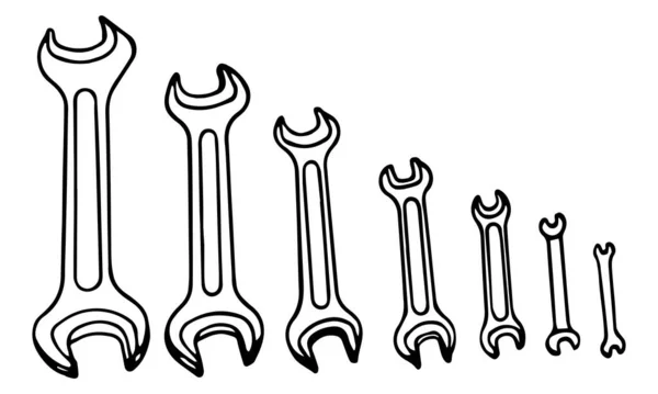 Hand Draw Black Vector Illustration Metallic Locksmith Wrenches Tool Set — Stock Vector