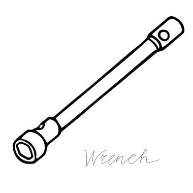 A hand-draw black vector illustration of metallic locksmith tool isolated on a white background with lettering wrench clipart