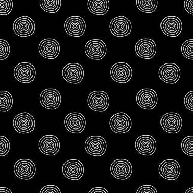 Siyah bir arkaplanda izole edilmiş beyaz el çizimi dairelerin kusursuz bir şablonu