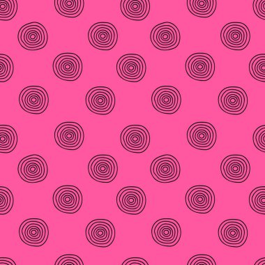 Pembe bir arka planda izole edilmiş, siyah el çizimi dairelerin kusursuz bir deseni.
