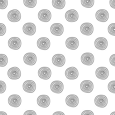 Beyaz bir arkaplanda izole edilmiş, siyah el çizimi dairelerin kusursuz bir deseni.