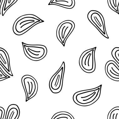 Beyaz arka planda izole edilmiş, siyah, el çizimi kalp şeklindeki gül yapraklarından oluşan kusursuz bir taşıyıcı desen.