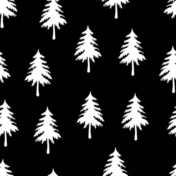 Vector naadloze patroon textuur van witte gesneden kerst spar bomen op een zwarte achtergrond — Stockvector