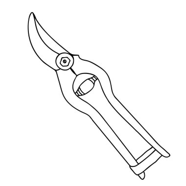 Bir El, beyaz arka planda izole edilmiş güzel bir metal bahçe kesicisinin siyah vektör çizimini çizdi.