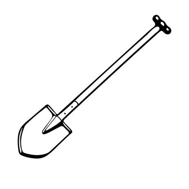 Bir El, beyaz arka planda izole edilmiş bahçe işleri için ahşap saplı güzel bir metal küreğin siyah vektör çizimi.