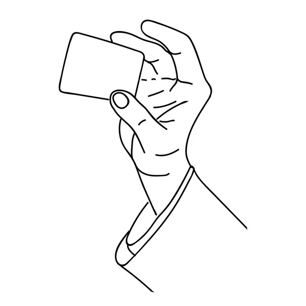 Hitelkártyát vagy névjegykártyát tart a jobb kezében. Vektorvázlat illusztráció másolási térrel — Stock Vector