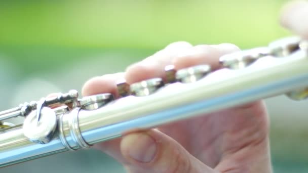 Fluitist Close Close Beelden Van Een Persoon Spelen Van Fluit — Stockvideo