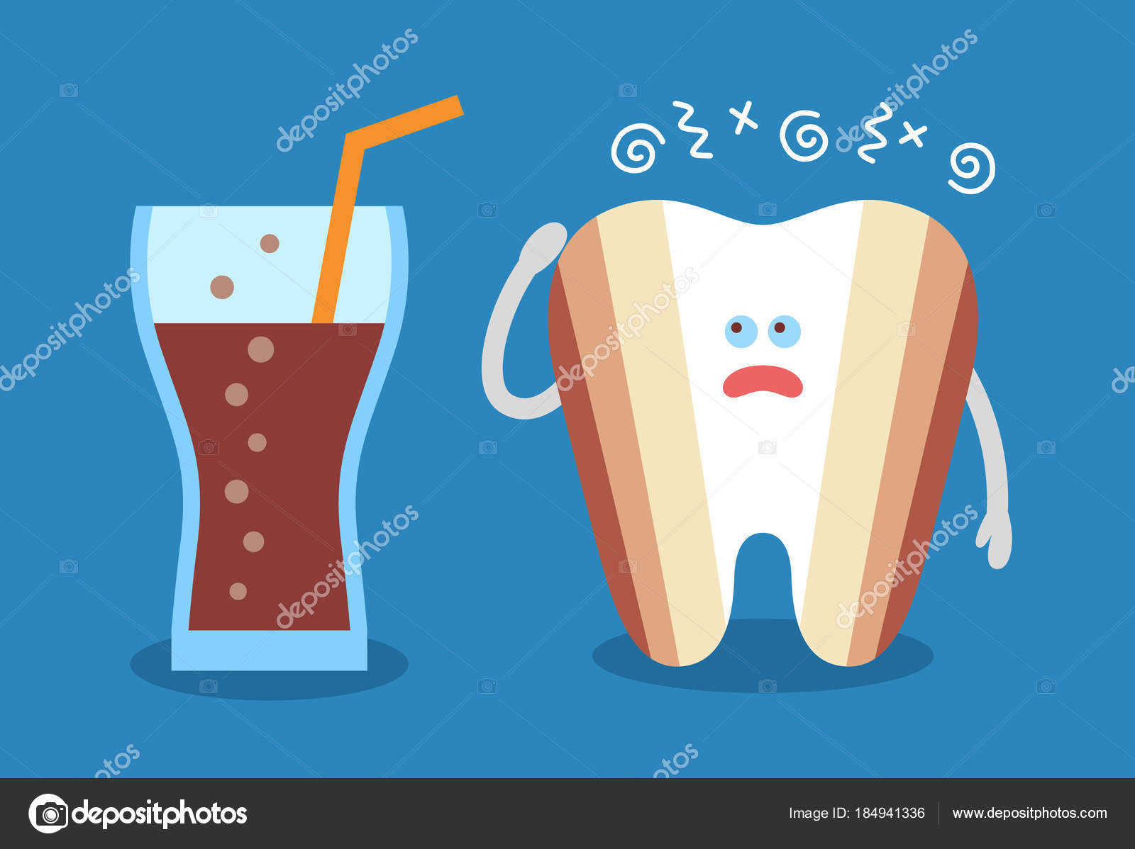 Dente Desenho Animado Com Copo Refrigerante Com Decadência Cárie