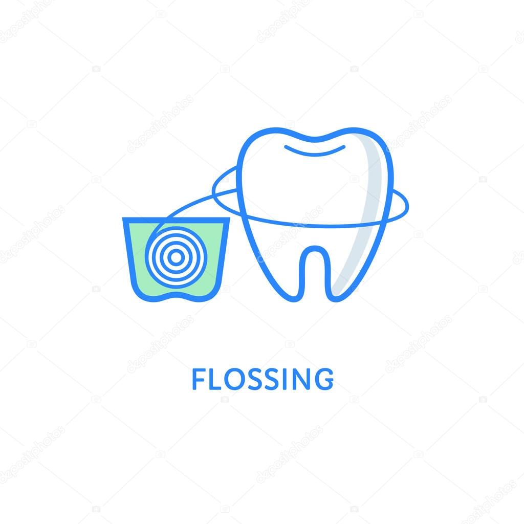Teeth flossing symbol. Dental icons. Tooth with dental floss isolated on white. Teeth care and hygiene. Flat line style.