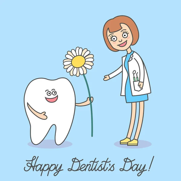 Happy Dentist Day March Cartoon Tooth Holding Flower Daisy Gives — Stock Vector