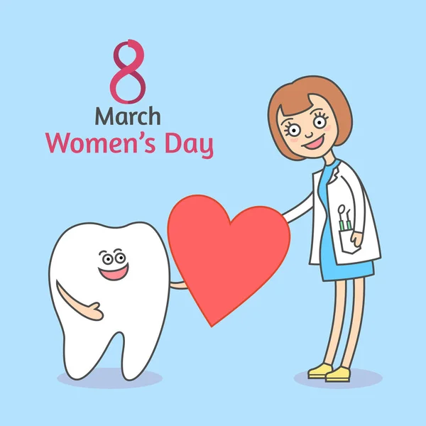 Women Day March Cartoon Tooth Holding Heart Gives Dentist Woman — Stock Vector