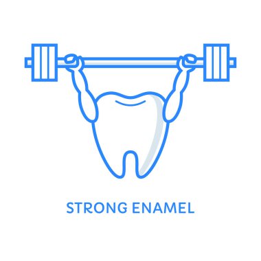 Başının üzerinde ağır bir halter tutarak diş. Diş Bakımı simgesi. Sağlıklı dişler. Güçlü emaye illüstrasyon. Diş Hekimliği etiket. Stomatology illüstrasyon.
